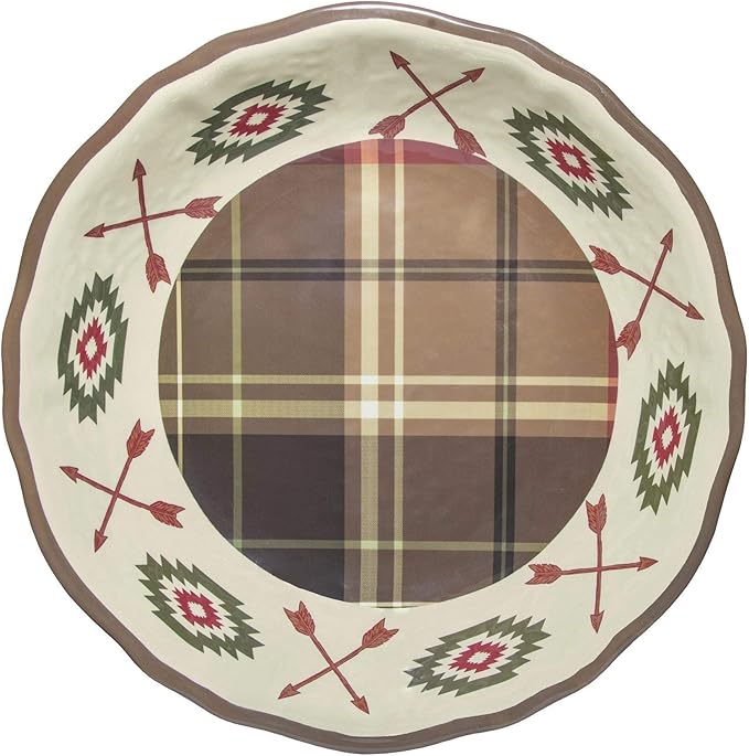 Paseo Road Aztec Bear 14 Piece Melamine Plastic Rustic Dinnerware Set, Brown Red Cream Green Bear Pine Tree Geometric Print, Cabin Lodge Southwestern Dish Set with Plates, Bowls