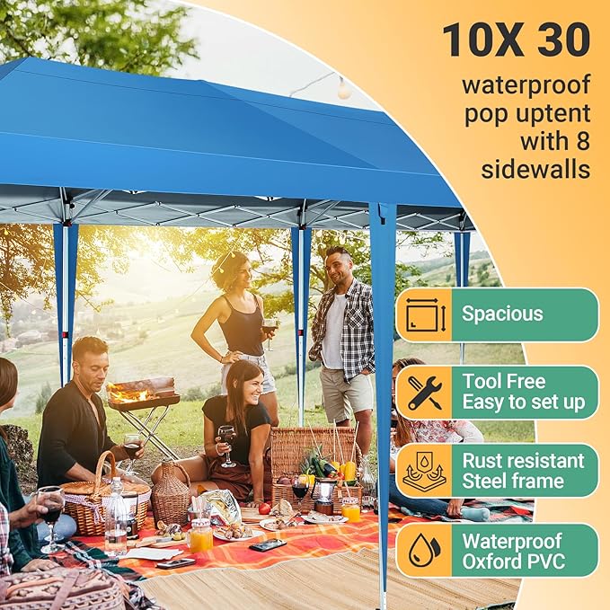 COBIZI 10x30 Pop Up Canopy Tent with 5 Sidewalls Party Tents for Parties Weddings Backyard Waterproof Commercial Instant Outdoor Events Tent with Stakes, Ropes,Sandbags（10 x 30 ft Blue