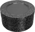 DYRABREST 100 Pcs 13 Inch Black Charger Plates, Bulk PP Wedding Chargers with Floral Reef Design Decorative Round Ruffled Rim Dinner Plates for Wedding Party Event Table Setting Decoration