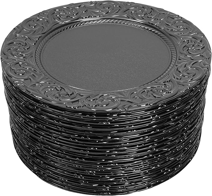 DYRABREST 100 Pcs 13 Inch Black Charger Plates, Bulk PP Wedding Chargers with Floral Reef Design Decorative Round Ruffled Rim Dinner Plates for Wedding Party Event Table Setting Decoration