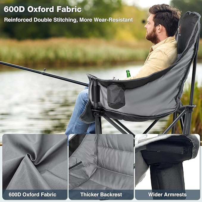 2 Pack Oversized Camping Chair, Portable Folding Padded Camp Chairs with Side Pocket, Cup Holder, Heavy Duty Support 500LBS Outdoor Lounge Chair for Adults, Fishing, Sports, Trip, Black