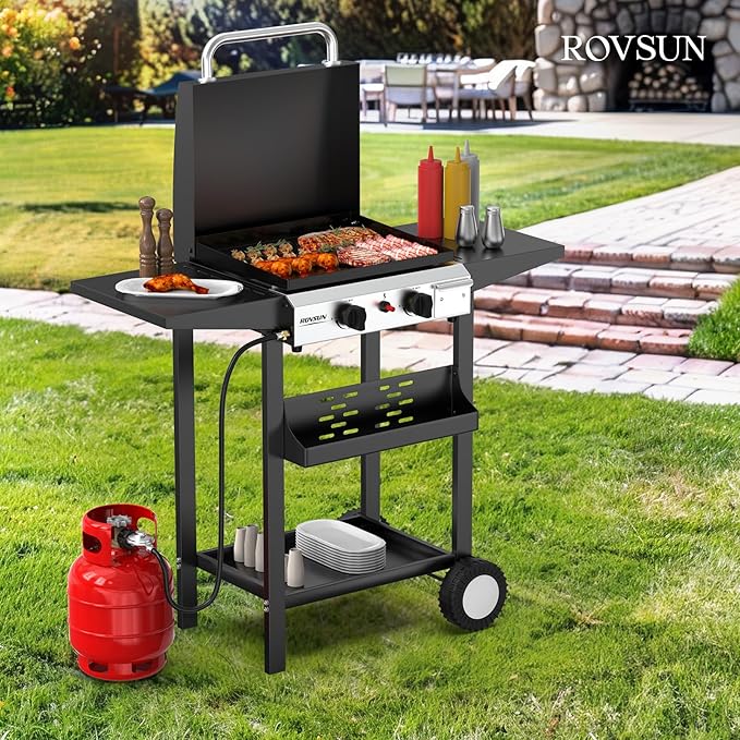 ROVSUN 2 Burner Portable Propane Griddle with Electronic Ignition, 20000 BTU Rolling Flat Top Gas Grill with Enameled Tray & Lid, Side Shelves & Regulator for Outdoor Cooking Camping BBQ Tailgating