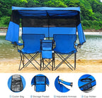 Double Beach Chair with Canopy Shade Heavy Duty Camping Chairs with Cup Holder Folding Loveseat for Outside Lawn