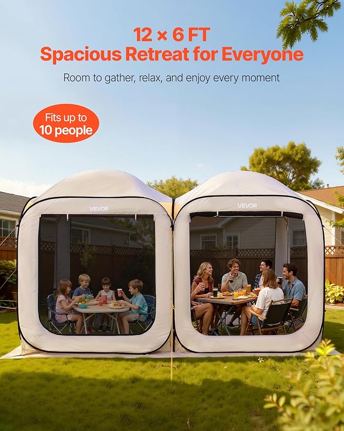 VEVOR 12x6ft 2-in-1 Pop-Up Screen House Tent, Dual Room Screen Gazebo, Portable Screened Canopy with Carry Bag, Netting Sides & Ground Stakes for Garden, Patio, Backyard & Outdoor Activities, Beige