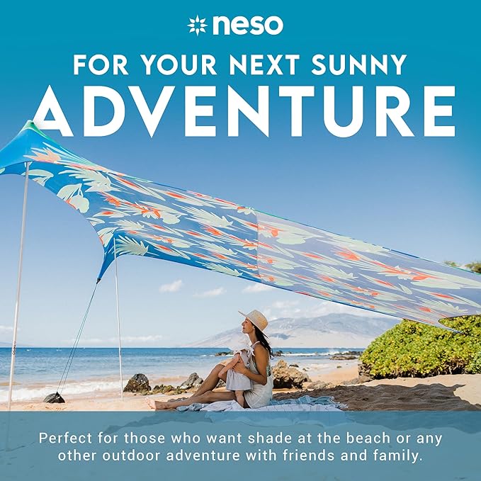 Neso Gigante Portable Beach Tent Sun Shelter - Lightweight Beach Shade Canopy - Easy Setup for Family Outings - Patented Reinforced Corners - UPF 50+ - 8ft Tall, 11 x 11ft - Tropical Floral