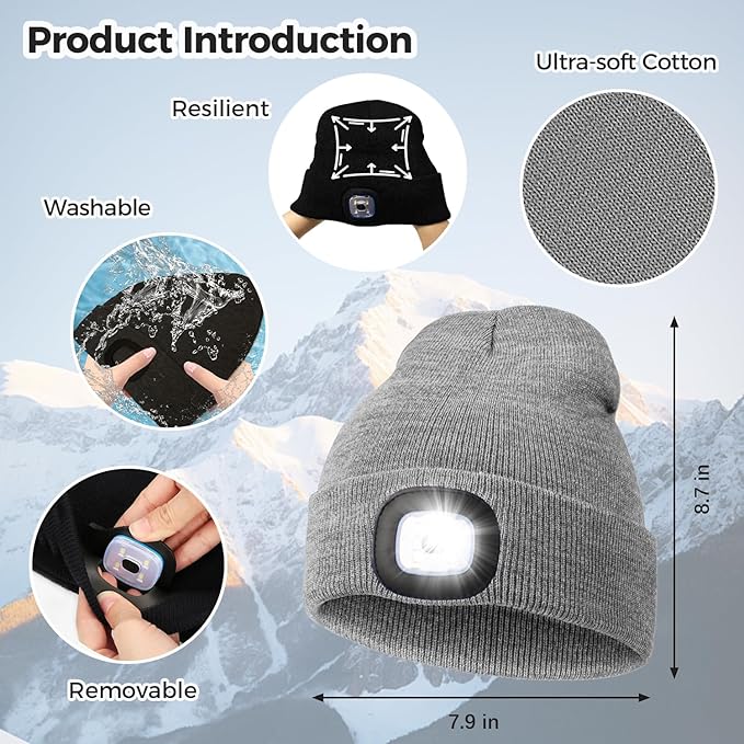 LED Beanie Hat with Light, Headlamp Beanie Cap Unisex Winter Warm Knit Night Light Hat, Knit Beanie Gifts for Men Women Kid