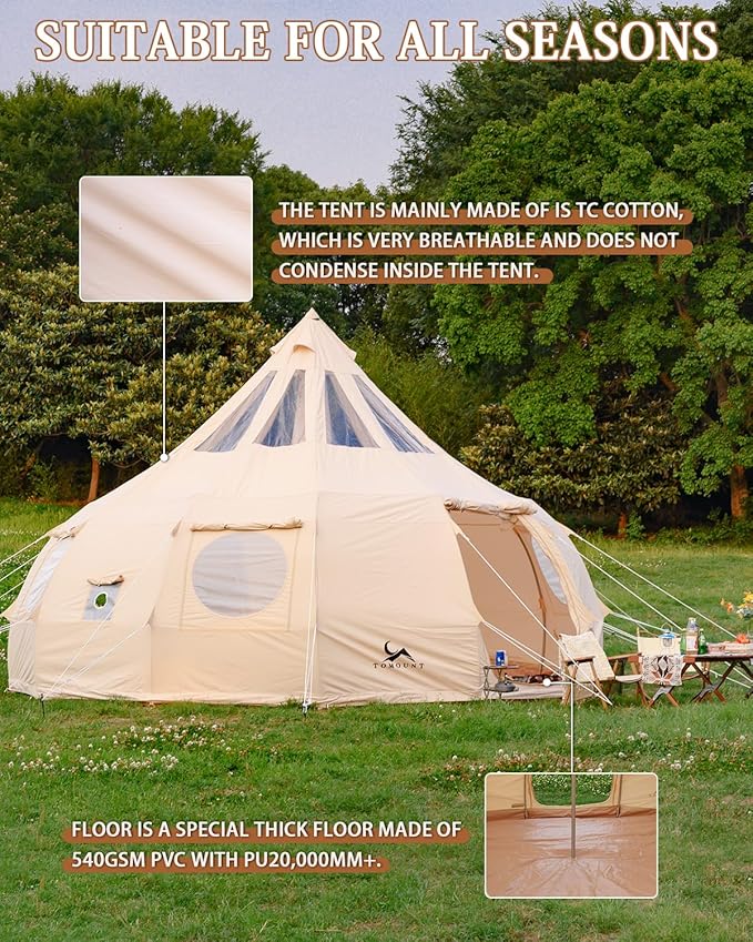 TOMOUNT Canvas Tent with Rainfly with Stove Jack Bell Tent Yurt Glamping Tent with TPU Transparent Roof for Family Camping