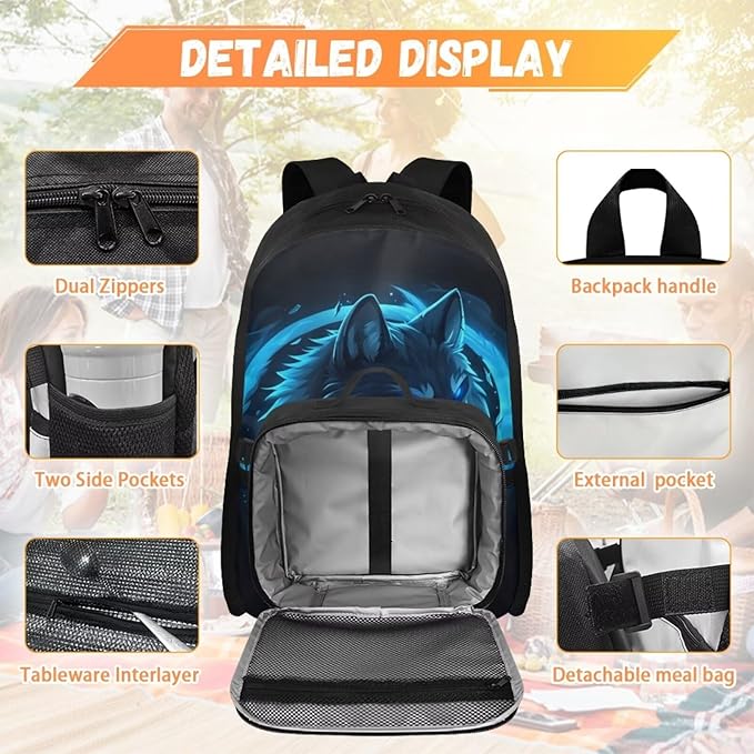 Wolf Backpack for Men Large Capacity School Bag for Teen Boys Polyester Bookbag with Detachable Lunch Box for Travel Outdoor Knapsack Book Bag