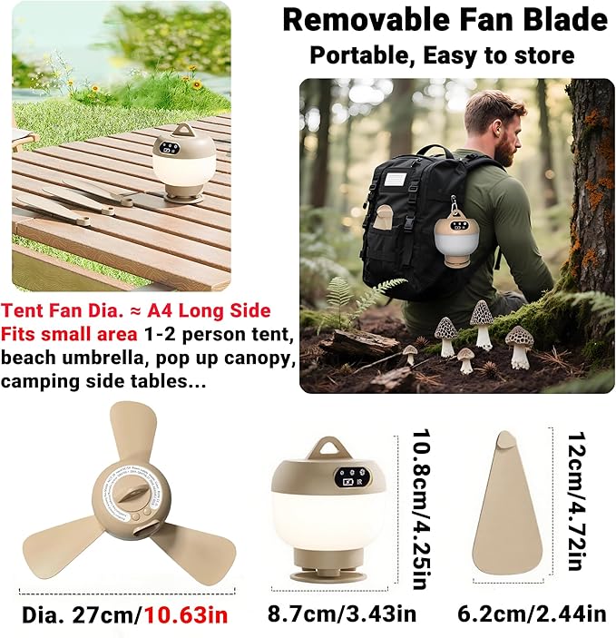 Camping Fan with Light & Remote, Portable Ceiling Fan for Tents, Canopy, Beach, RV, Car, Camper & Outdoor, Wireless Rechargeable Hanging Pop Up Tent Fans - 3 Speed Breeze & Timer