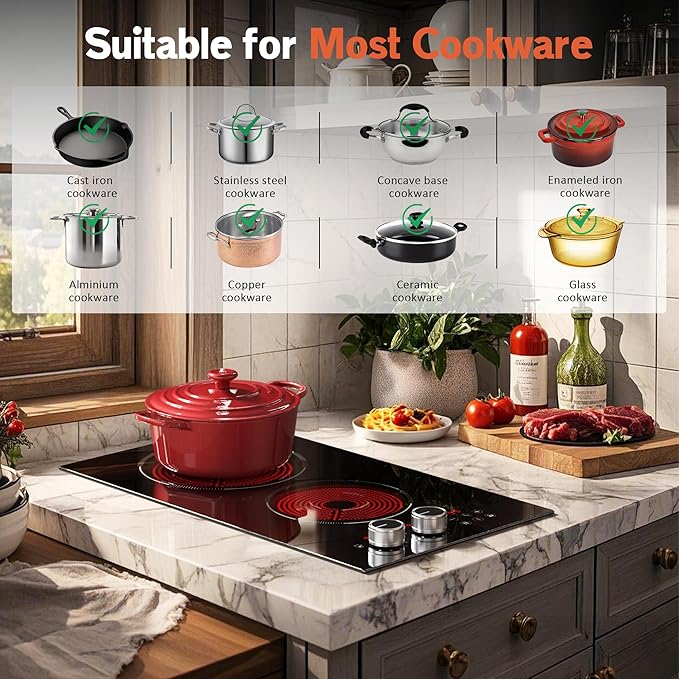 Electric Stove 2 burners, Plug in Electrical Cooktop 110v, Pause Function, Knob Control, 12 Inch Electric Stovetop Countertop & Built-In, 9 Power Levels, 2000w, Safety Lock, Timer, Karienvir