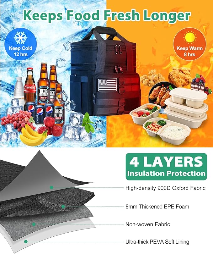 Tactical Lunch Box for Men, Large Insulated Lunch Bag for Adult, Heavy Duty Double Deck Expandable Lunch Cooler Bag with American Flag, Leakproof Soft Lunch Pail for Work Office Camping - Black