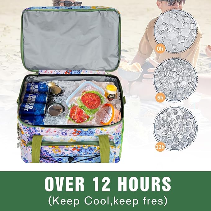 Soft Collapsible Insulated Sided Cooler - 60 Can Large Leakproof Picnic Beach Meal Prep Portable Travel Cooler for Shopping, Kayaking, Road Trips