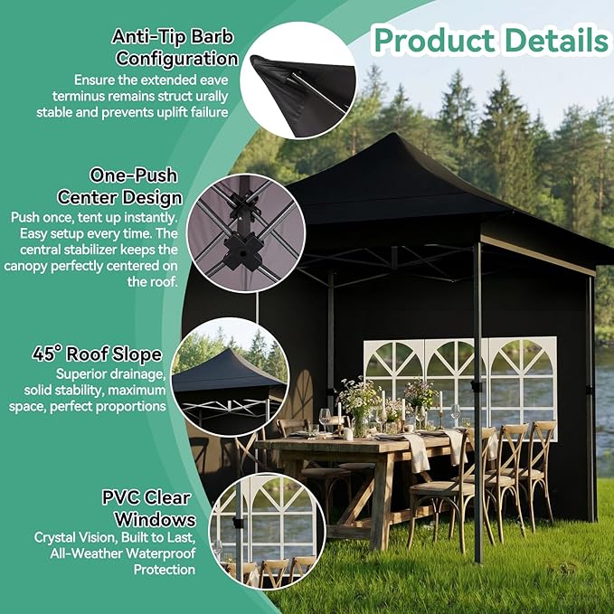 COBIZI 13x13 Pop Up Canopy Tent Heavy Duty with Sidewalls & Auto-Extending Eaves Outdoor Gazebo Easy Up for Backyard Party Commercial Events, All Weather Waterproof UV 50+ (Leg Upgraded) Black
