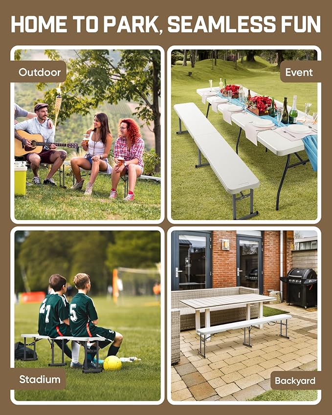 FanttikOutdoor 6ft Plastic Folding Bench with Safety Lock Carrying Handle, Portable Indoor Outdoor Bench for Party, Dining, Camping, Garden, Soccer Activities, No Assembly, 2-Pack, White Zeta I6 Pro