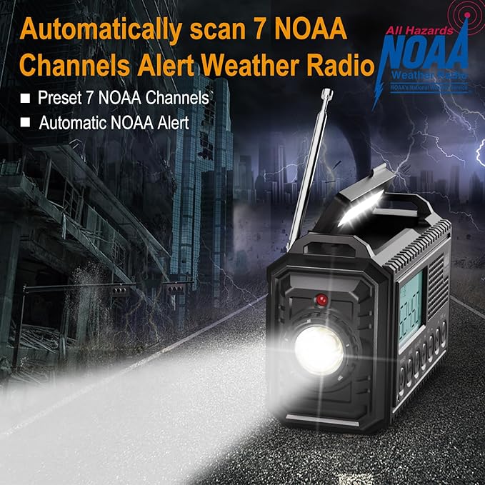 Raynic NOAA Weather Radio, 5000mAh/18500mWh Solar Hand Crank Emergency Radio, Battery Powered Portable Radio with AM/FM/SW/NOAA, Cell Phone Charger, Type-C Charging, Flashlight and SOS Siren