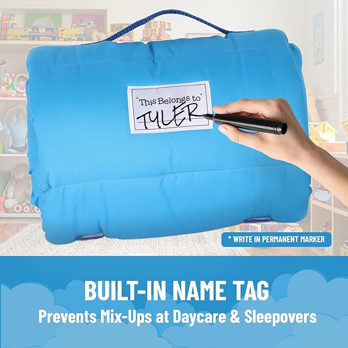 Jay Franco Kids Nap Mat with Embedded Pillow & Blanket – Soft 46"x20" Microfiber Sleeping Bag with Name Tag & Handle for School, Travel, Sleepover