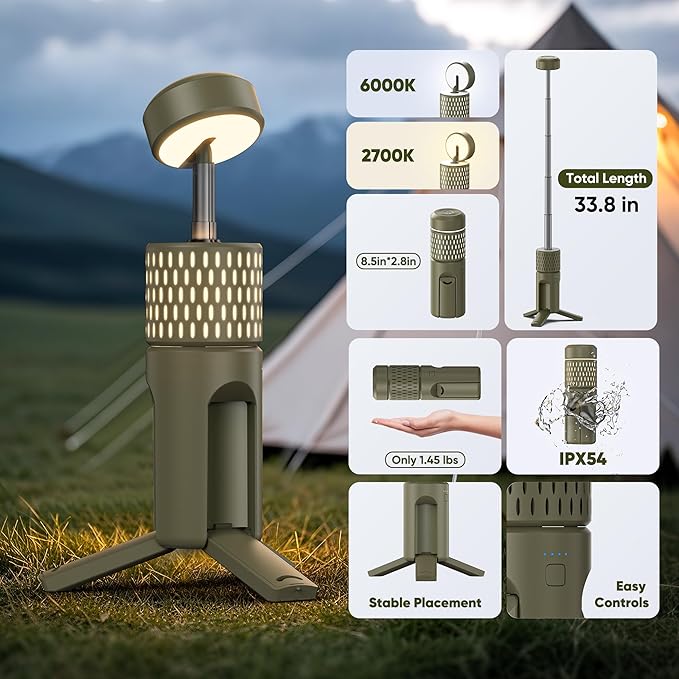 Camping Light Telescopic, IPX54 Waterproof, Collapsible, Adjustable Camping Lantern for Emergency, Hiking, Camping Essentials, Telescopic Flashlight (Military Green)