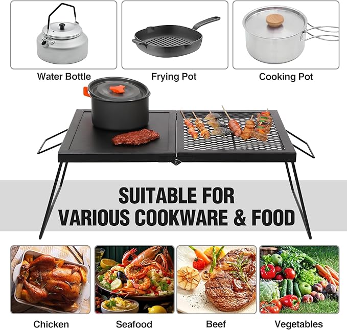 REDCAMP Folding Campfire Grill, Heavy Duty Steel Mesh Grate, 23.6" Portable Camping Grates Over Fire Pit, Campfire Cook Equipment with Legs Carrying Bag, Grilling Rack for Outdoor Open Flame Cooking