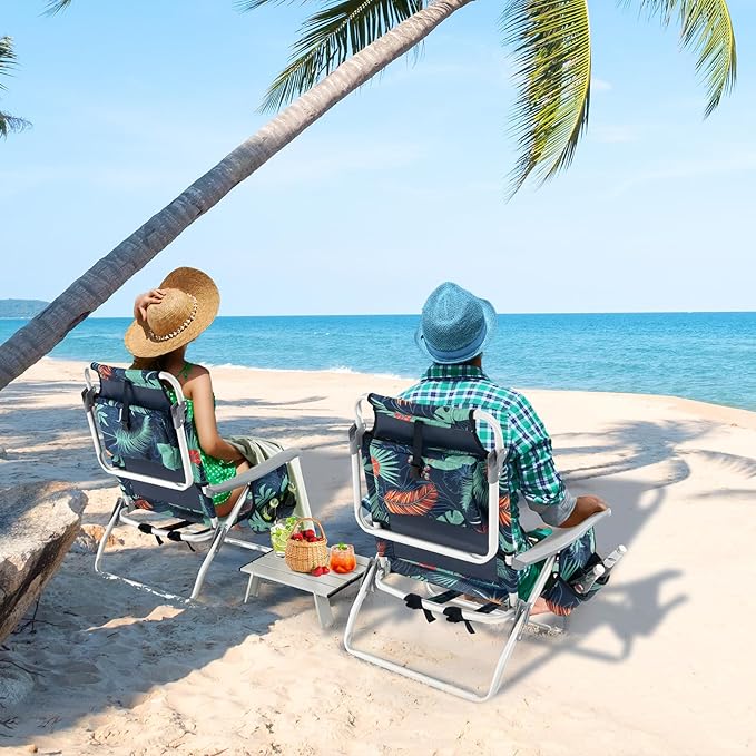 Giantex Folding Beach Chair, Patio Sling Chairs with 5 Adjustable Position, Head Pillow, Storage Bag, Towel Bar, Cup Holders, Backpack Chairs for Sunbathing, Camping Chair