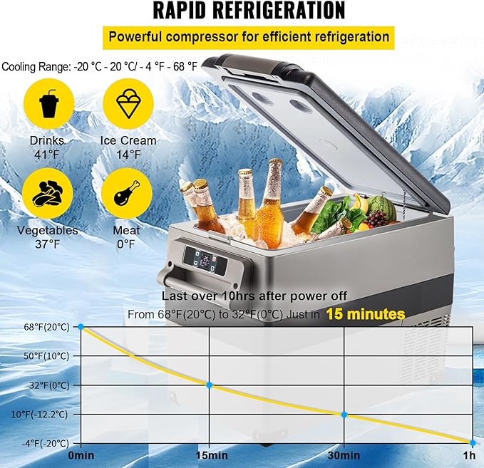 VEVOR 12 Volt Refrigerator, 48 Quart (45L) Fast Cooling Portable Freezer with App Control (-4℉~68℉), Car Fridge with 12/24v DC & 110-240v AC for Travel, Truck, Camping and Home Use, Black