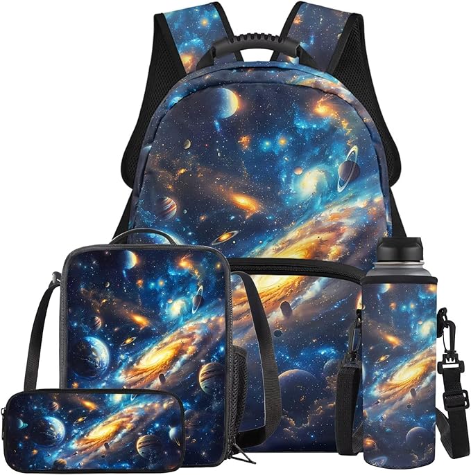 Space Backpack with Lunch Box Blue Bookbag Lightweight Practical Bookbag and Lunch Box Set for Boys 4pcs School Bags for Boys 10-12 Travel Daypack Outdoor Camping Outing