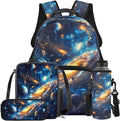 Space Backpack with Lunch Box Blue Bookbag Lightweight Practical Bookbag and Lunch Box Set for Boys 4pcs School Bags for Boys 10-12 Travel Daypack Outdoor Camping Outing