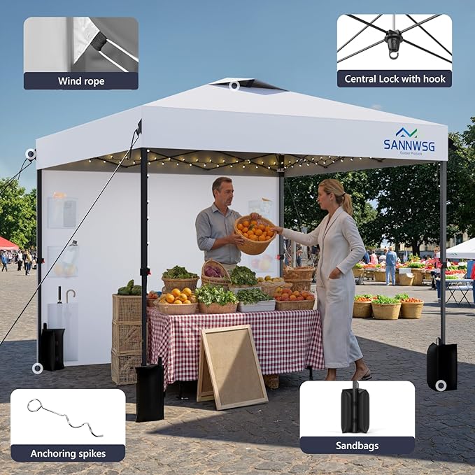 10X10 Pop Up Canopy Tent,Removable Pockets Sidewall for Extra Storage,Easy Up Canopy,Heavy Duty One Person Set Up Event Tent,White