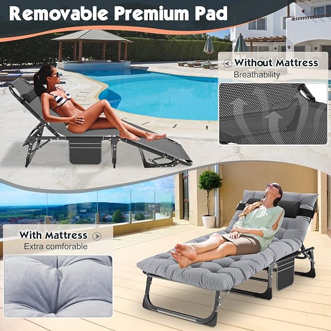 MOPHOTO Folding Chaise Lounge Chair 5-Position, Folding Cot, Heavy Duty Patio Chaise Lounges for Outside, Poolside, Beach, Lawn, Camping