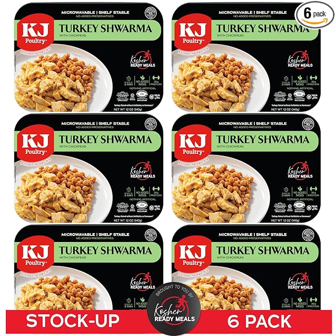 KJ Poultry Kosher Ready Meals - Turkey Shwarma, MRE Meat Meals Ready to Eat, Gluten Free, Halal, (6 Pack) Prepared Entree Fully Cooked, Shelf Stable Microwave Dinner, Travel, Military, Camping