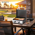 ROVSUN 2 Burner Portable Propane Griddle with Electronic Ignition & Regulator, 20,000 BTU Tabletop Flat Top Gas Grill with Enameled Tray & Lid for Outdoor Cooking Camping BBQ Tailgating Picnicking