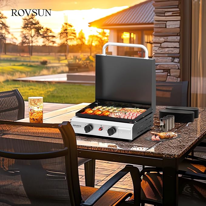 ROVSUN 2 Burner Portable Propane Griddle with Electronic Ignition & Regulator, 20,000 BTU Tabletop Flat Top Gas Grill with Enameled Tray & Lid for Outdoor Cooking Camping BBQ Tailgating Picnicking