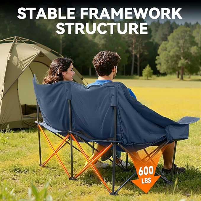 Double Camping Chair Oversized Padded Camping Chairs for Adults Folding Loveseat with Cup Holders and Side Pockets Heavy Duty Outdoor Lawn Chairs for Camping,Sports, Fishing,Beach,Blue