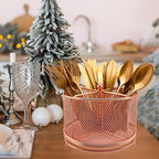 360 Rotating Metal Utensil Caddy - 4 Compartment Silverware Cutlery Holder Fork Spoon Napkin Organizer Flatware Storage Basket Party Countertop Buffet Picnic Camping Outdoor Rose Gold Pink