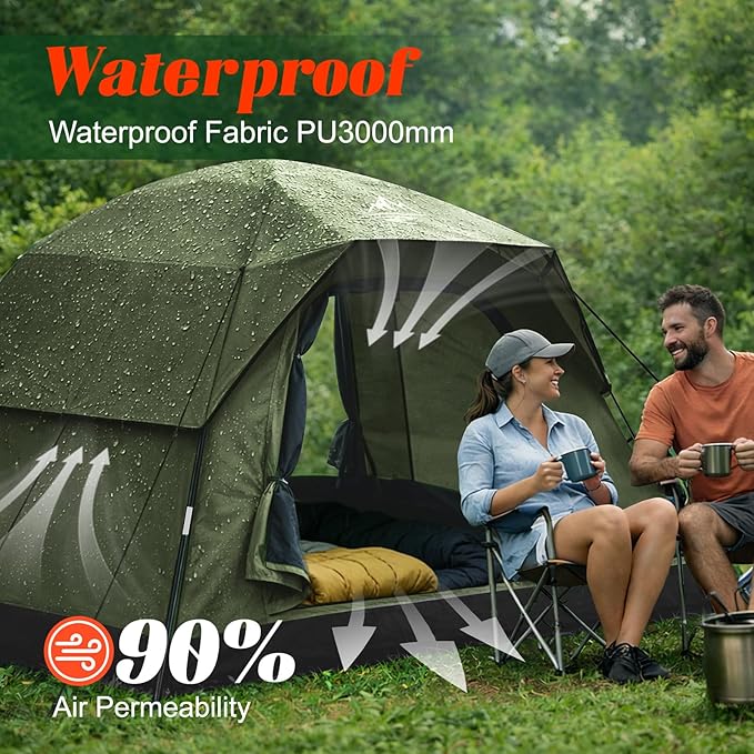 Tents for Camping 4 Person with 2 Doors and Rainfly, Camping Tents Waterproof Windproof, Large Mesh Ventilation, Easy Setup Windproof Family Tent for Outdoor Camping Hiking Backpacking