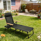 Folding Outdoor Chaise Lounge Chair, Portable Camping Cot with Headrest, 4 Position Beach Lounge with Cup Holders & Wooden Armrests, Sun Tanning Chair for Patio Pool Lawn, Supports 350lbs (Black)
