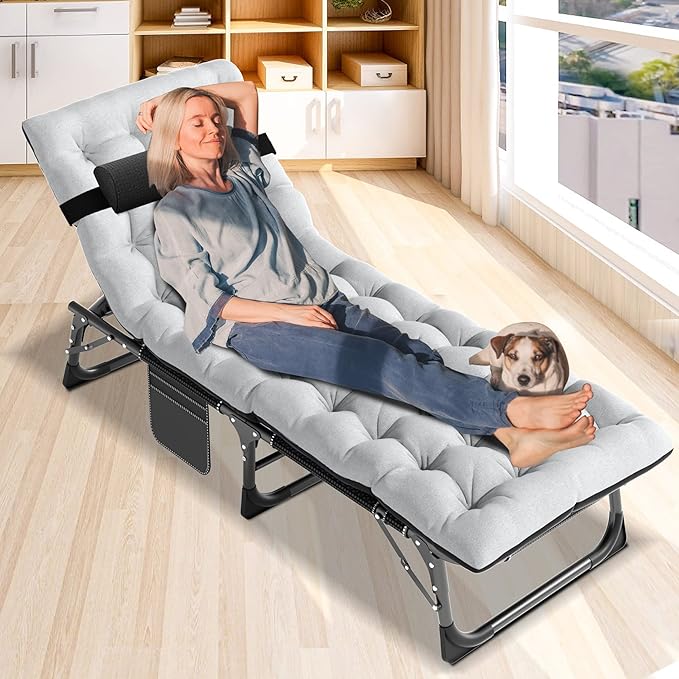 ABORON Patio Lounge Chair, Folding Guest Bed Cot for Adults, 500LB Heavy-Duty Capacity, Portable Extra Bed with Comfort Mat, Quick Fold Design for Indoor Guest Stays & Temporary Use
