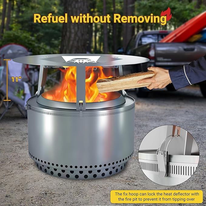 Upgraded Heat Deflector for Solo Stove Yukon 27’’, 304 Stainless Steel Heat Diffuser with Detachable Legs & Fix Hoop, Capture and Redirect Warmth, Camping Accessory