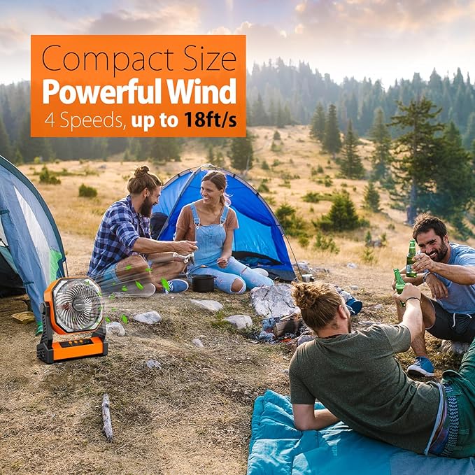 20000mAh Battery Powered Camping Fan, 58Hrs Rechargeable Portable Fan, 400LM Light, 360° Hook, Whisper Quiet Battery Operated Fan for Outdoor Car Travel Hurricane Camping Gear Essentials Power Outages