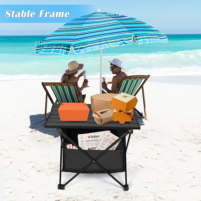 Portable Folding Aluminum Alloy Camping Table with High-Capacity Storage and Carry Bag, Small Size, for Camping, Traveling, Hiking, Fishing, Beach, BBQ,Black