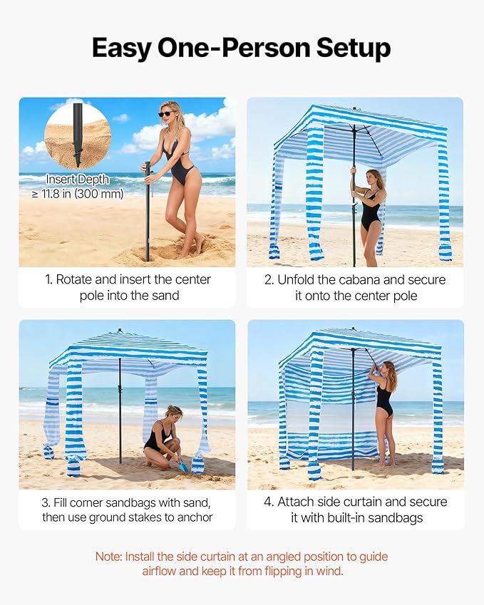 VEVOR Beach Cabana, 6 x 6 ft Beach Canopy with Side Wall, UPF 50+ Protection Easy Setup Cabana Tent with Sand Pockets, Portable Shade Sun Shelter Umbrella for Whole Family & Friends, Blue Stripes