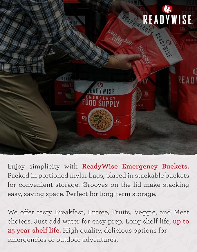 ReadyWise 7 Day Emergency Food Supply – 60 Servings Grab Bag, Camping Essentials, Freeze Dried Survival Food Kit & Dehydrated Meals, Prepper Bug Out Bag & Hurricane Supplies, up to 25 Year Shelf Life