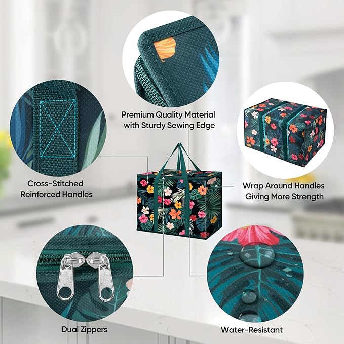 BALEINE 2PK Insulated Reusable Grocery Bags, Collapsible Cooler Bag for Groceries, Heavy Duty Large Insulated Bag (16''x9''x13'', Blossom Season)