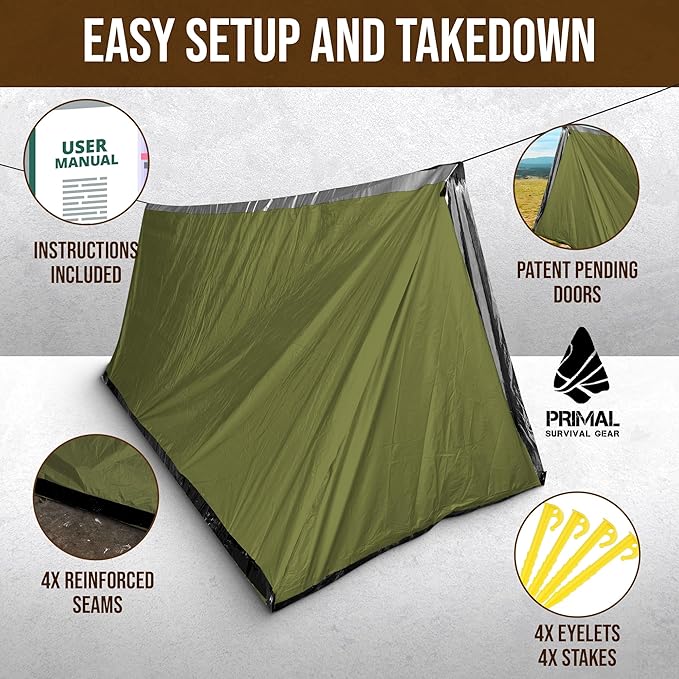 Orange Polyester Survival Tent with Doors - Compact, Durable, All-Season Shelter for Camping, Hiking, and Emergency Preparedness