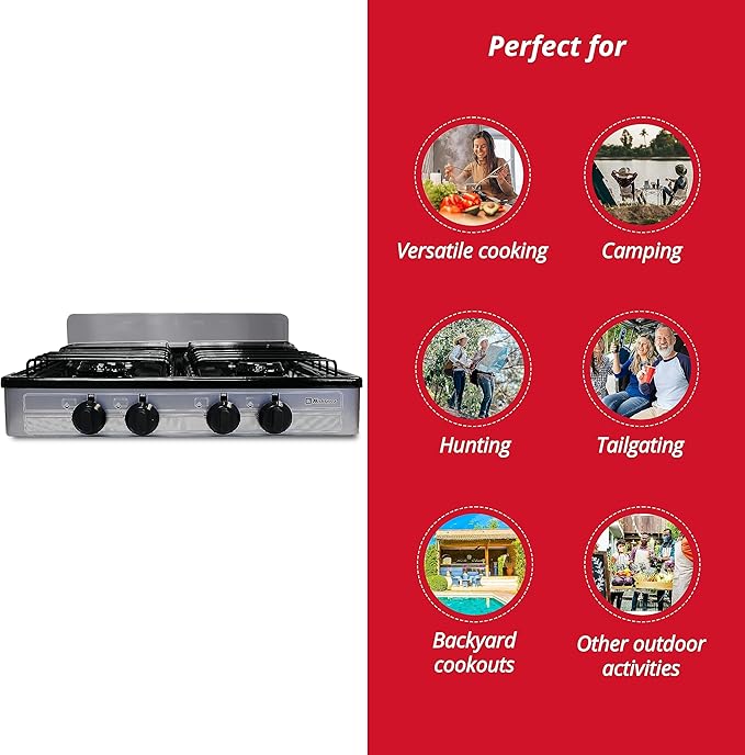 Koblenz PSK-400S 4 Portable Porcelain Cover and Four 16,000 BTU Burners, Stainless Steel Stove for Propane Gas, Silver