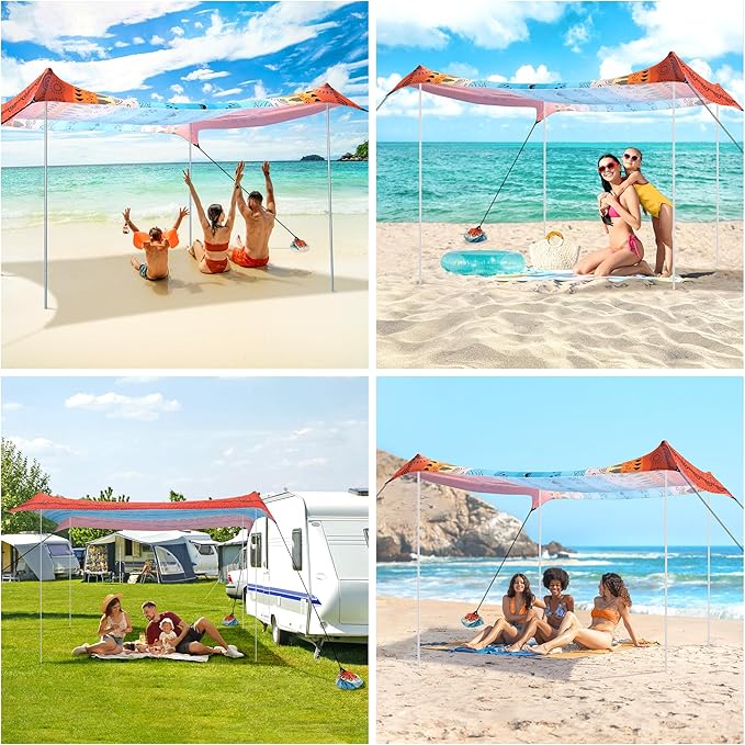Beach Tent, Beach Canopy Sun Shade Sail UPF 50+, Portable 10×10 FT Camping Sun Shelter with Sandbags, Poles, Ground Pegs and Anti-Wind Ropes for Outdoor, Backyard, Picnics, Sport, Fishing