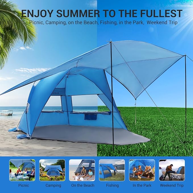 Elegear Beach Tent with Canopy, 1-Second Setup Pop Up Sun Shelter Shade, UPF 50+ UV Protection Silver-Coated Lightweight Portable Beach Cabana