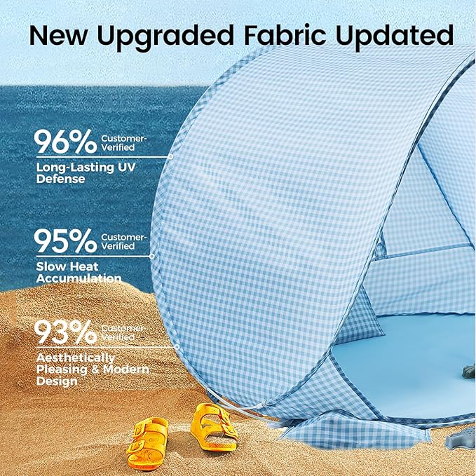 Tiny Land Baby Beach Tent – Pop Up Baby Tent with UV Protection, Portable Baby Beach Essentials, 35.4"x27.6"x31.5" Sun Shelter for Infants, Baby Summer Outdoor Use (Light Blue Gingham)