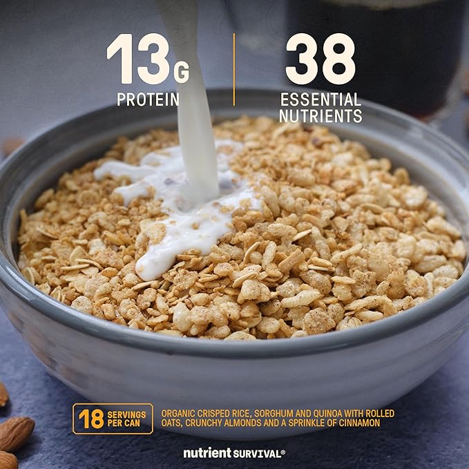 High Protein Cereal, Maple Almond Grain Crunch (12 Servings) Freeze Dried Prepper Supplies & Emergency Food Supply, Dairy & Gluten Free, Shelf Stable Up to 25 Years, One Can