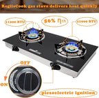 2 Burner Propane Gas Cooktop,Camping Portable LPG Gas Stove, Auto Ignition Tempered Glass Countertop with Regulator Burner Grate