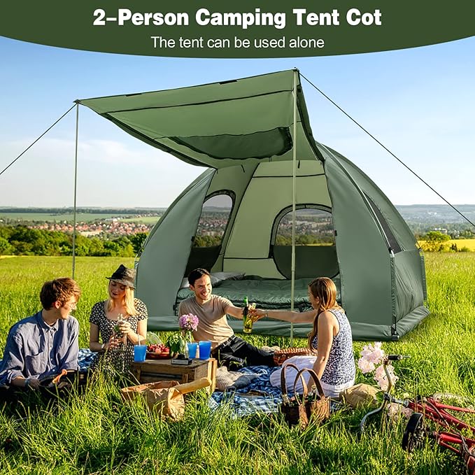 Goplus Camping Tent Cot, 5-in-1 Folding Camping Bed with Awning, Air Mattress, Sleeping Bag, Bedspread, Off Ground Elevated 1-2 Person Cot Tent with Carrying Bag, Air Pump for Camping Picnic Outdoor